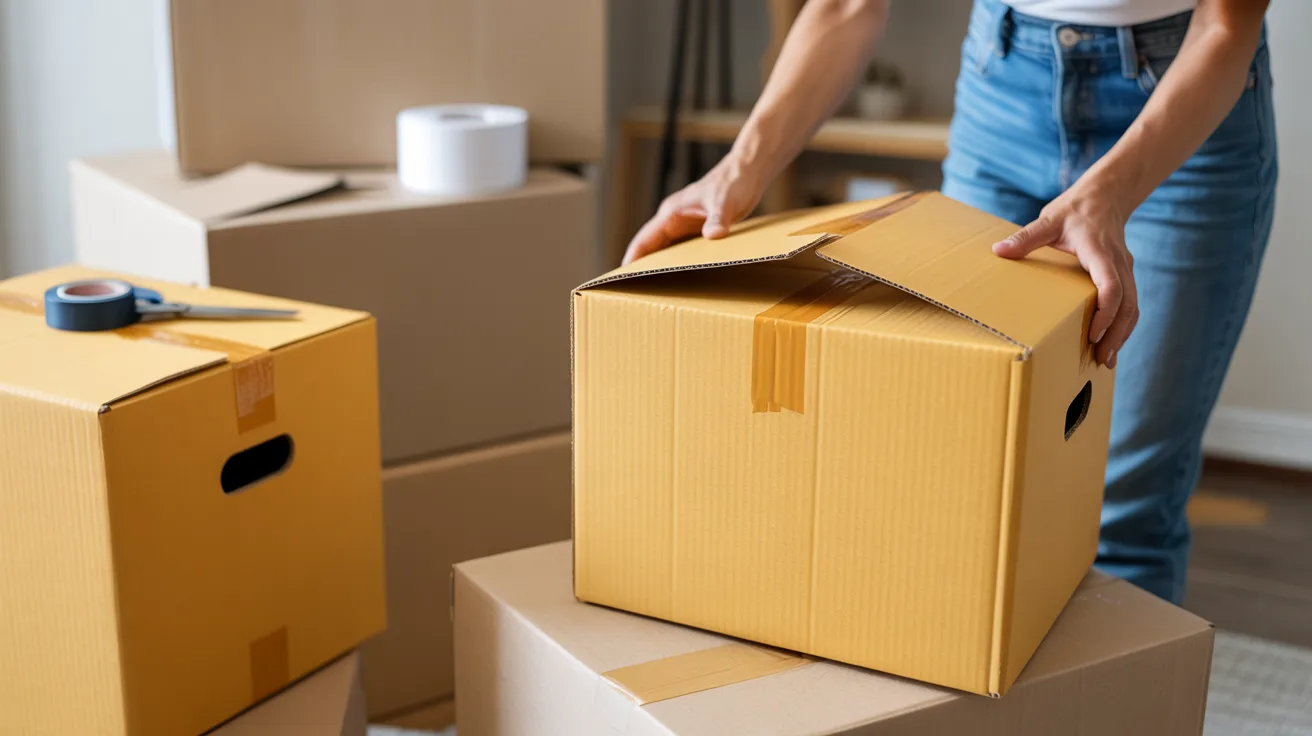 Person inspecting and properly folding moving box flaps before taping.