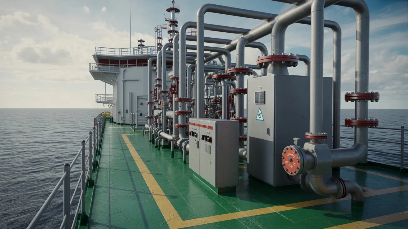 Ship deck with safety valves and systems showing emergency shutdown stopping operations during hazards.