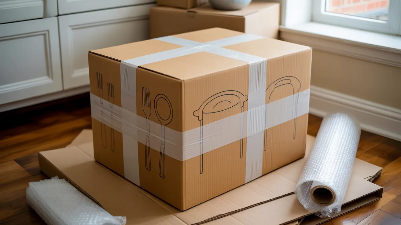 sealed moving box containing kitchen pots pans securely taped and ready for transport during the relocation process.