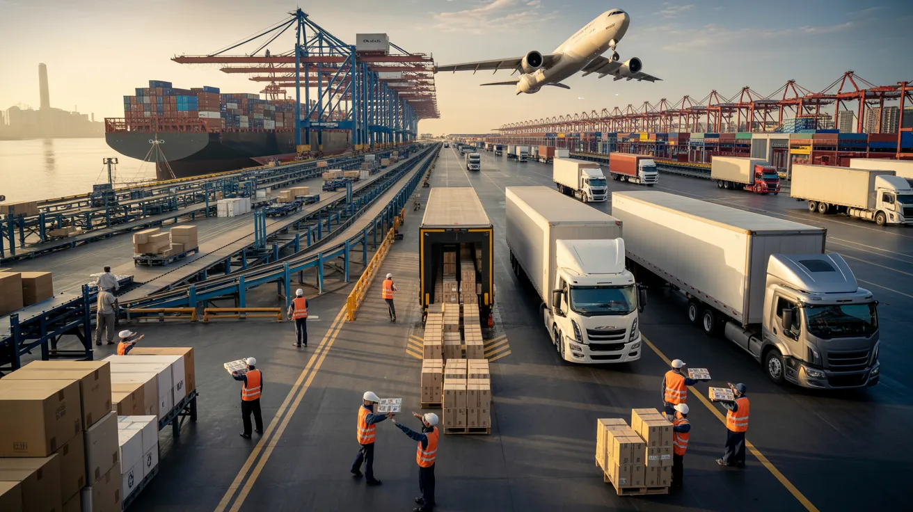 Freight handlers moving and sorting cargo across warehouse, port, and air cargo systems showing supply chain flow.