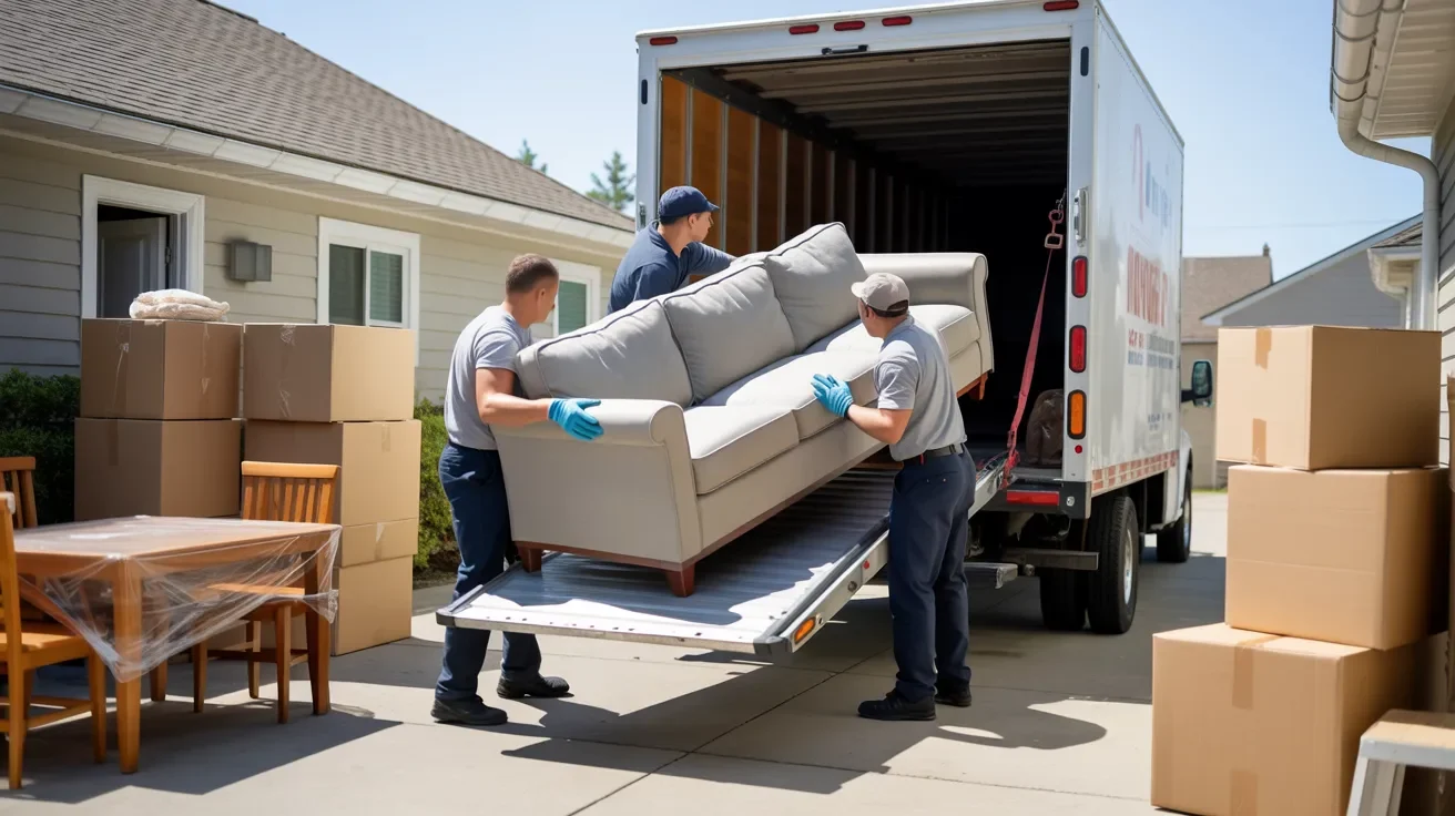 Movers lifting large furniture into truck, showing how item size, quantity, and effort directly impact moving costs and final pricing outcomes.
