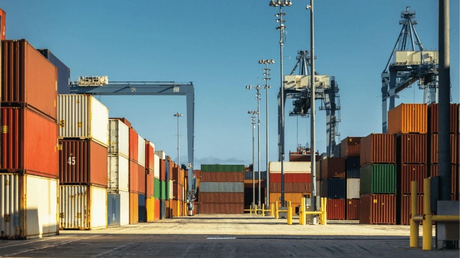 Stacks of multicolor shipping containers under gantry cranes at busy port, plan terminal and storage fees