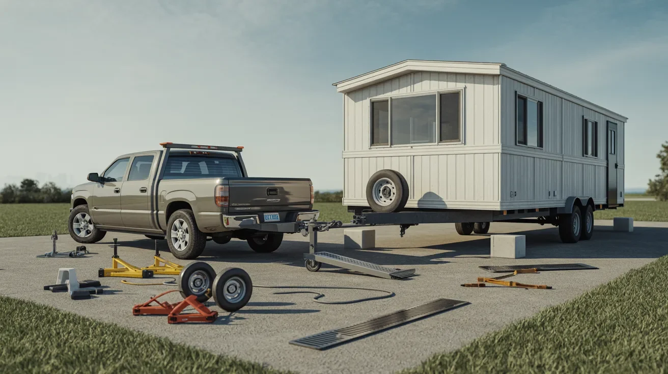 efficient mobile home moving setup showing minimal equipment and organized transport approach focused on reducing overall moving costs.