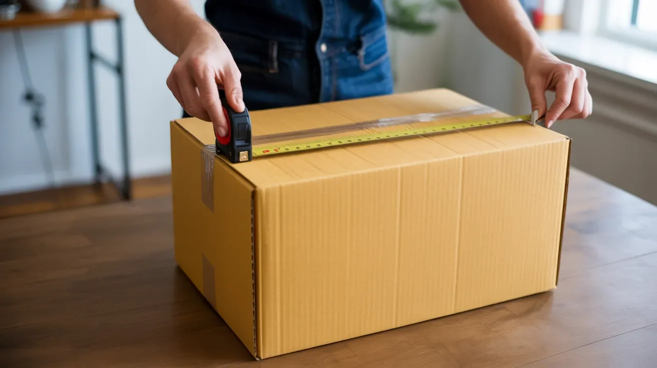Person correctly measuring length, width, and height of a cardboard box using a measuring tape while ignoring flaps.