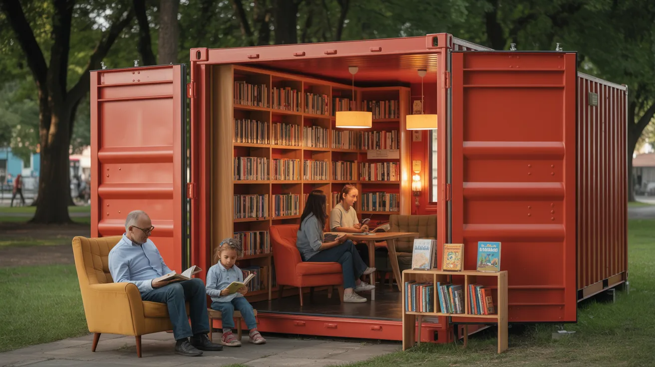 Shipping container library pod with bookshelves and people reading in a cozy environment.