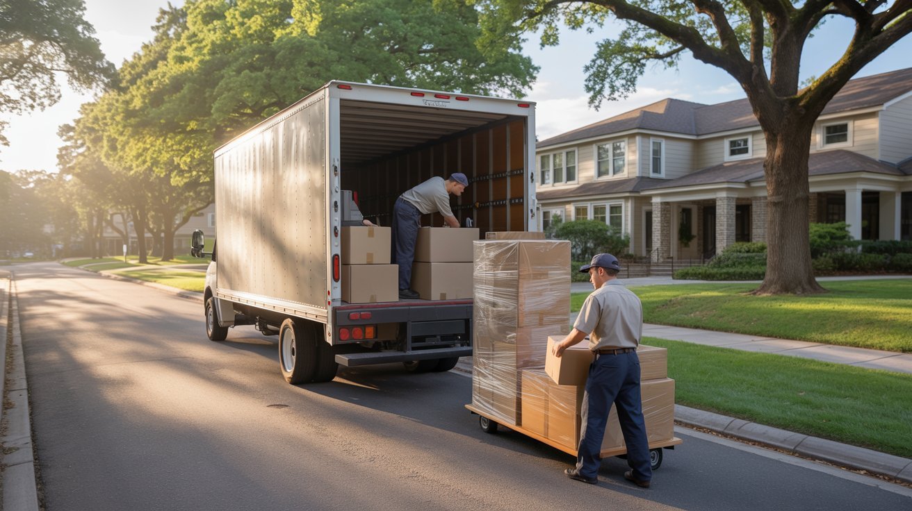 "Photorealistic scene of a moving truck being loaded with boxes on a calm suburban street under warm morning light, symbolizing the best time to move and cost efficiency"