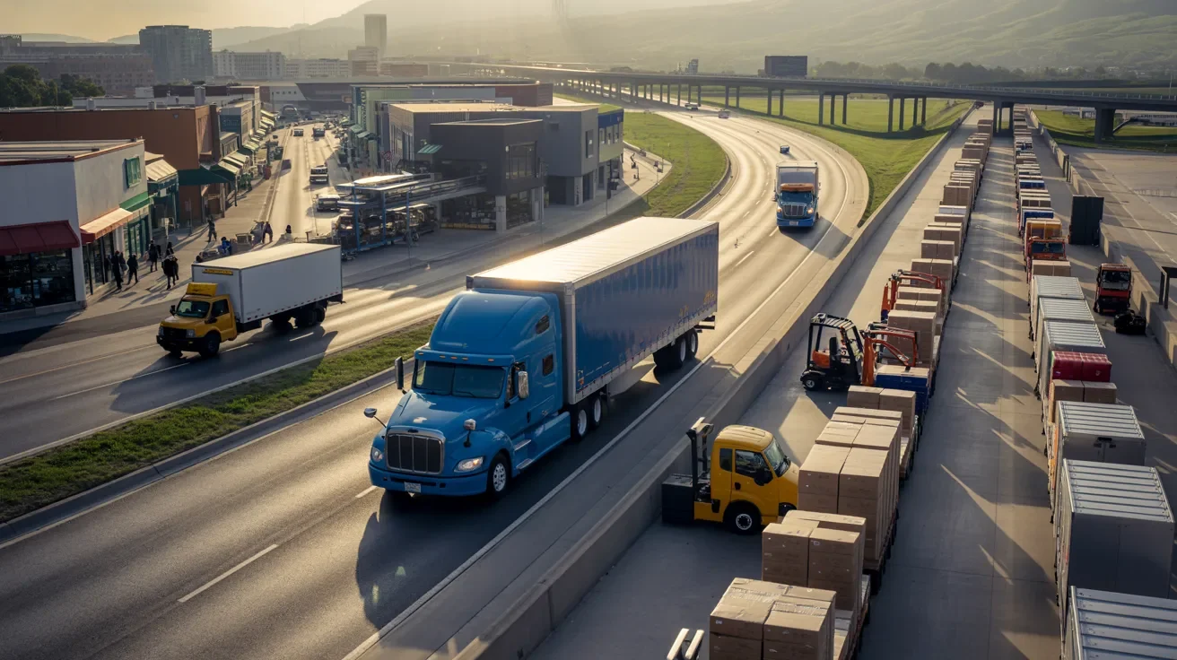 Logistics hub showing local delivery trucks, long-distance freight trucks, and LTL sorting hub representing general freight trucking classification system.