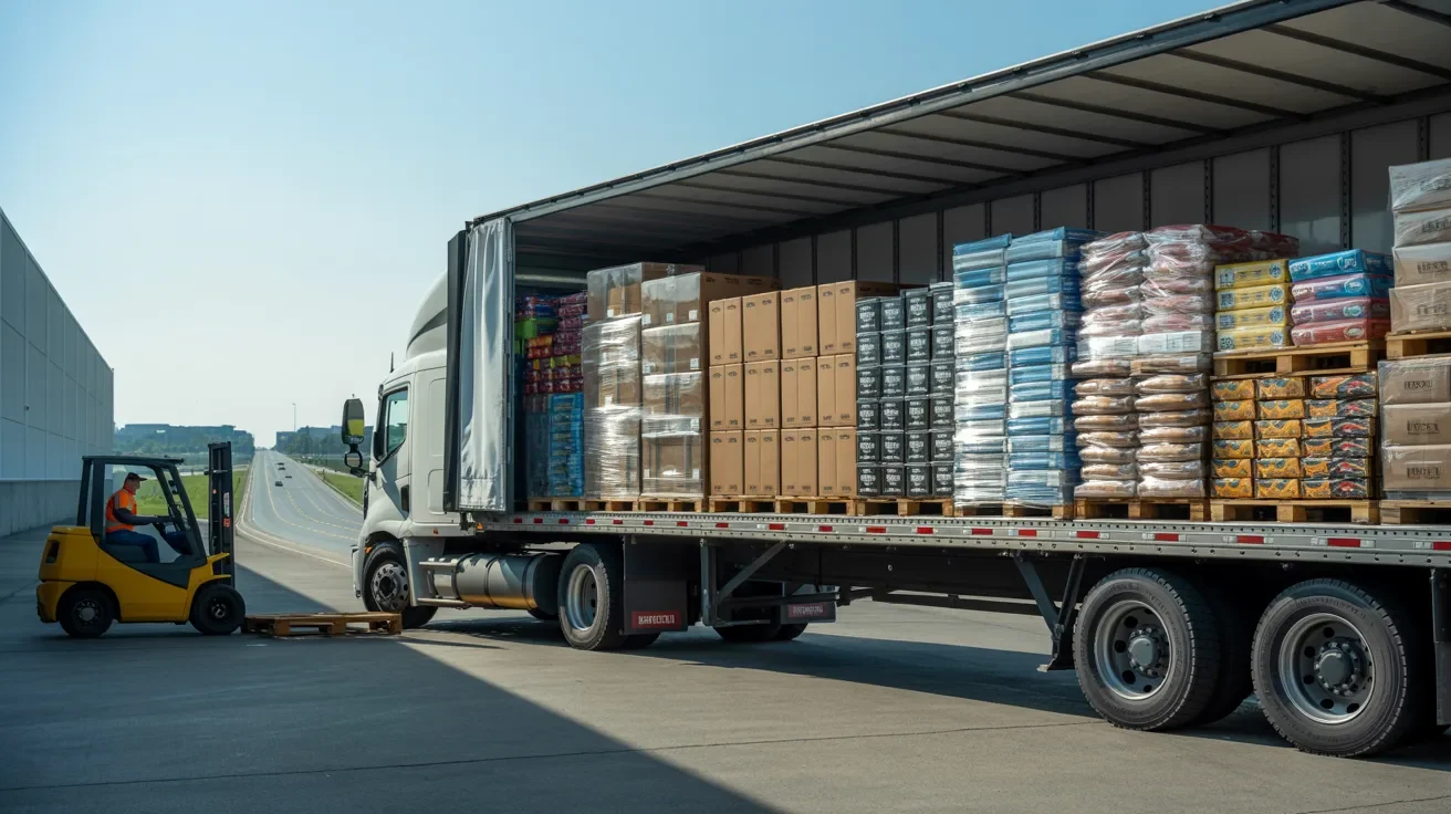 Standard semi-truck being loaded with everyday goods at a warehouse showing the general freight trucking process.
