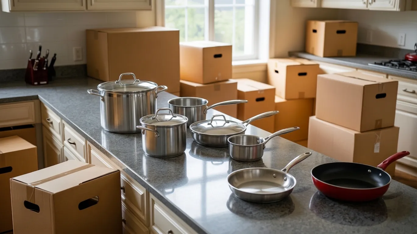 neatly arranged pots pans and lids sorted on kitchen counter before packing for moving preparation.