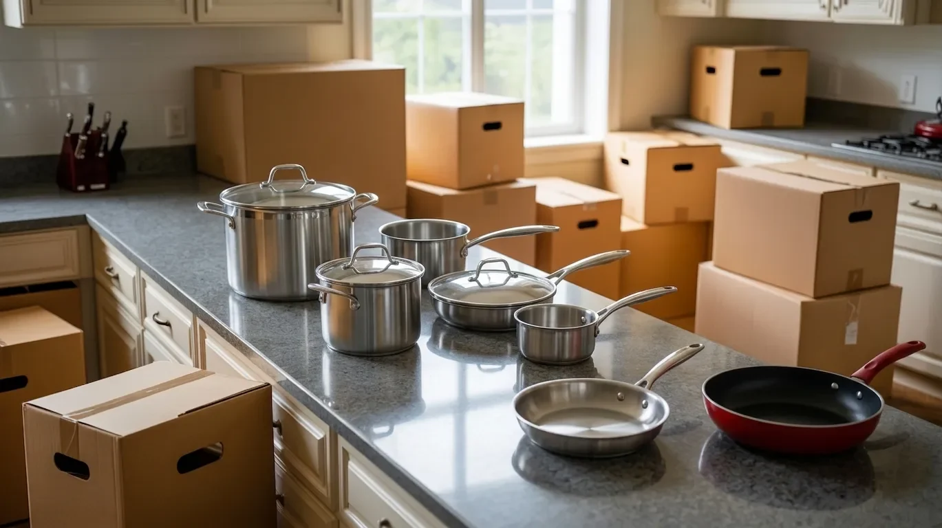 neatly arranged pots pans and lids sorted on kitchen counter before packing for moving preparation.