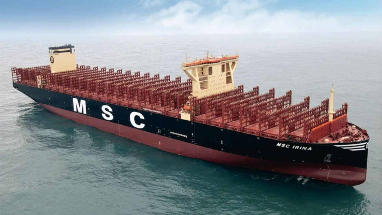 MSC Irina empty container ship on calm ocean showing massive deck, one of world's largest by capacity