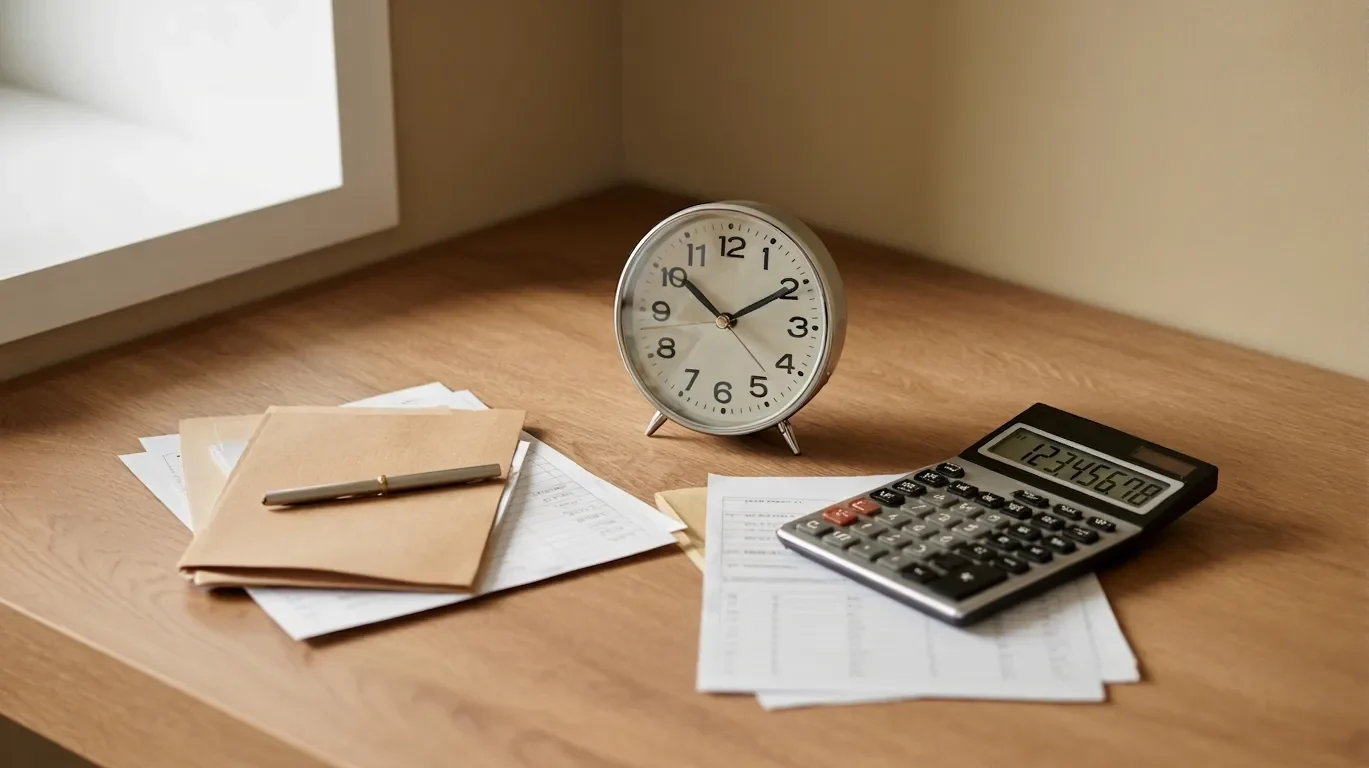 Clock and paperwork on table representing hourly and flat rate moving costs, helping compare pricing models, timing impact, and overall decision-making factors clearly.