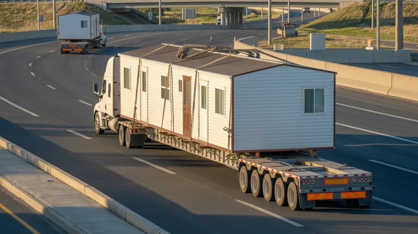 mobile home transport setup indicating permit requirements and compliance for safe and legal relocation process.