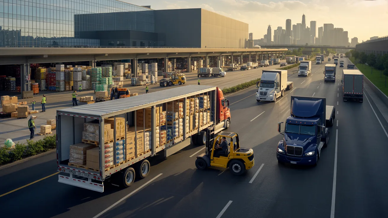 Freight truck being loaded at factory with pallets of goods, showing logistics flow toward warehouse and city delivery.