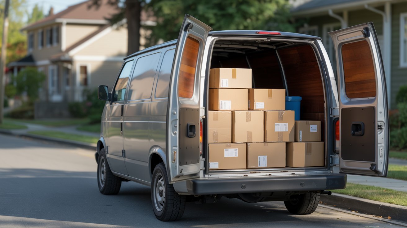 "Packages inside delivery van ready for final drop off illustrating out for delivery stage"