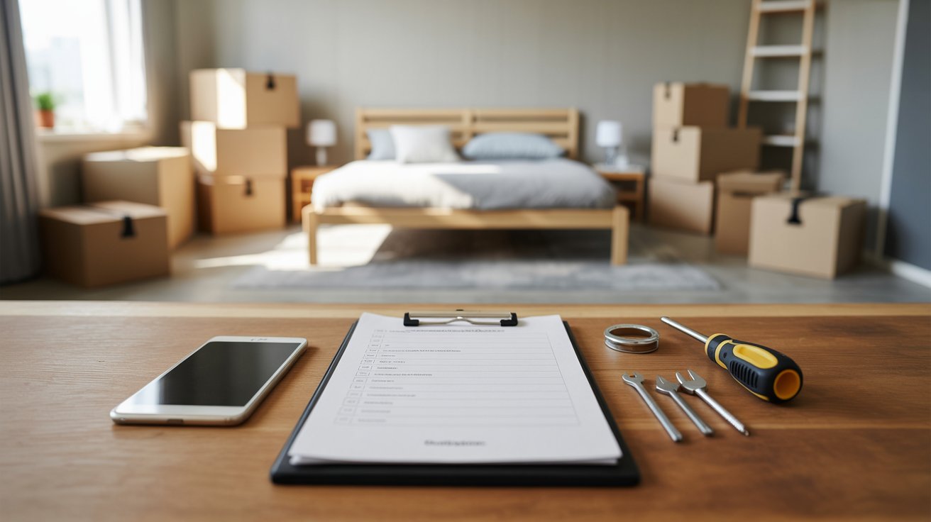 "Checklist and tools on table in a moving consultation setup with bed and boxes in background for relocation planning"