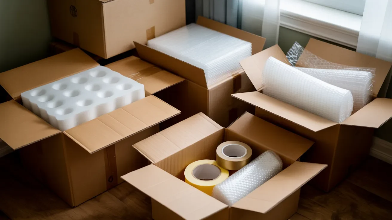 Open boxes with bubble wrap, foam sheets, and packing materials arranged neatly showing how movers handle packing service efficiently.
