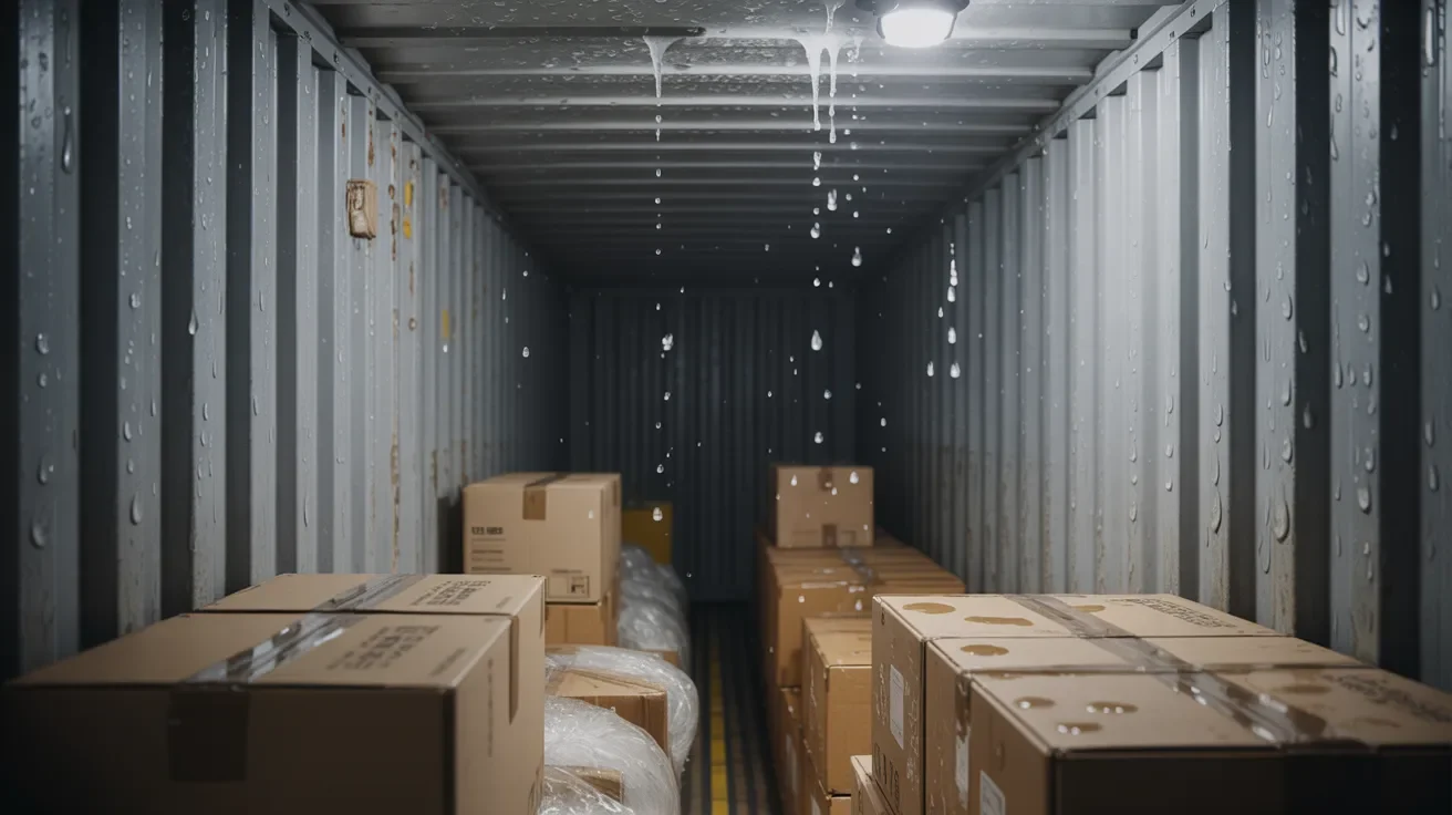 Condensation forming inside shipping container with water droplets falling onto cargo causing moisture damage.