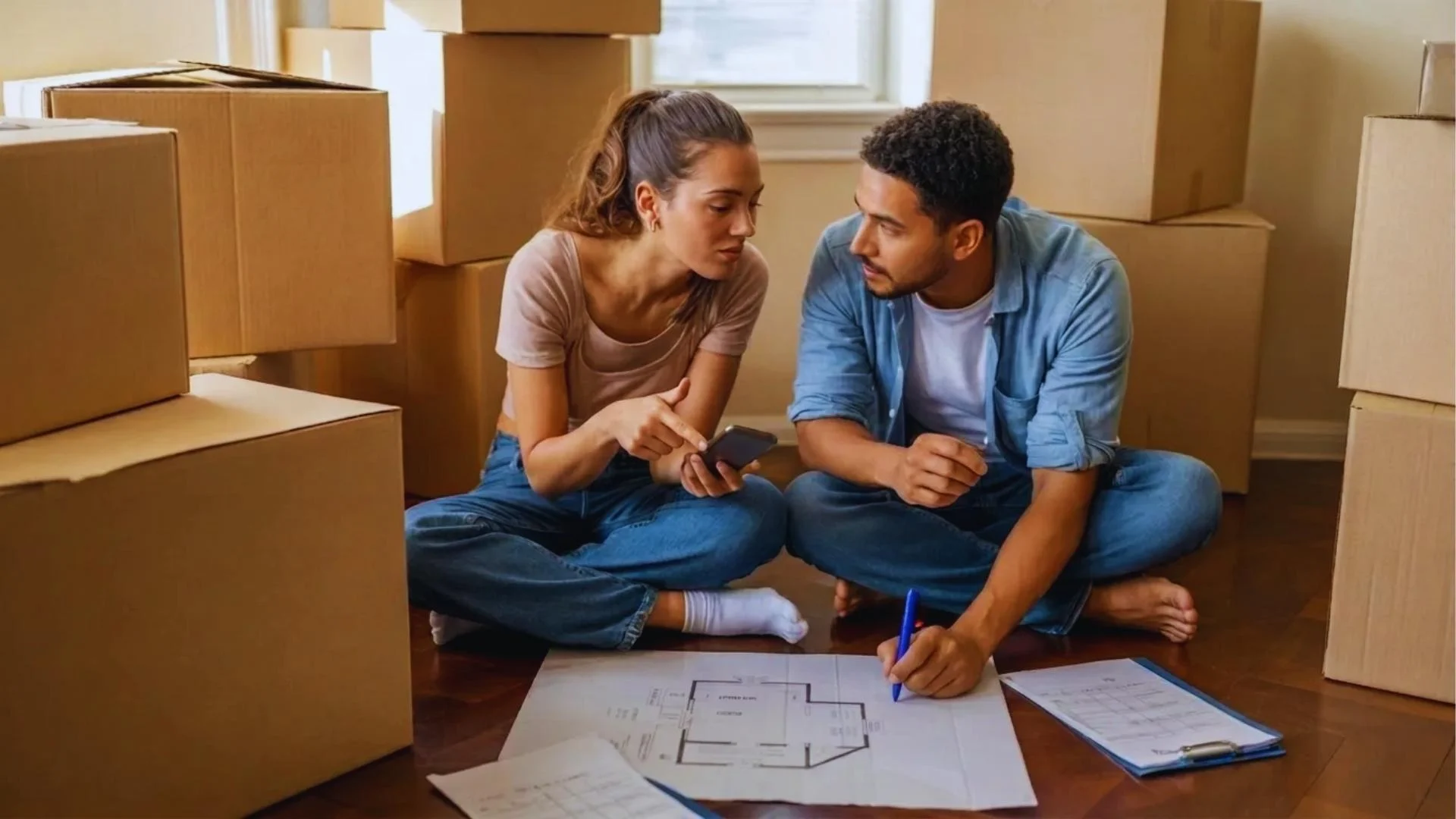 People discussing moving costs at home surrounded by packed boxes, sharing real experiences, unexpected fees, and price differences based on services and distance.