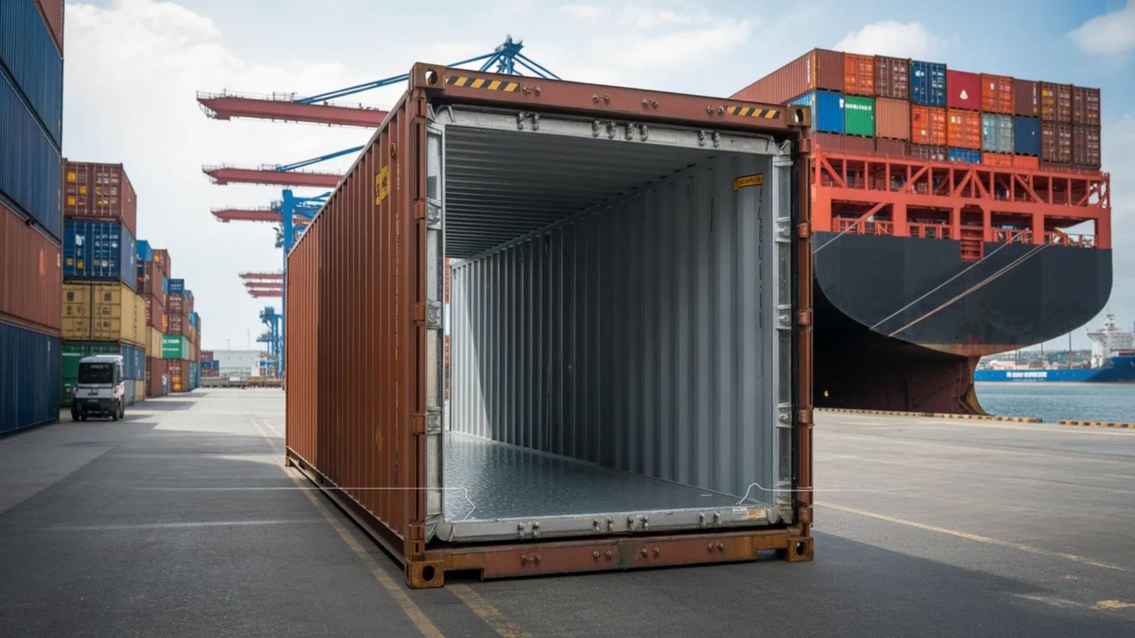 Cutaway shipping container showing steel structure and protective layers in industrial port setting.