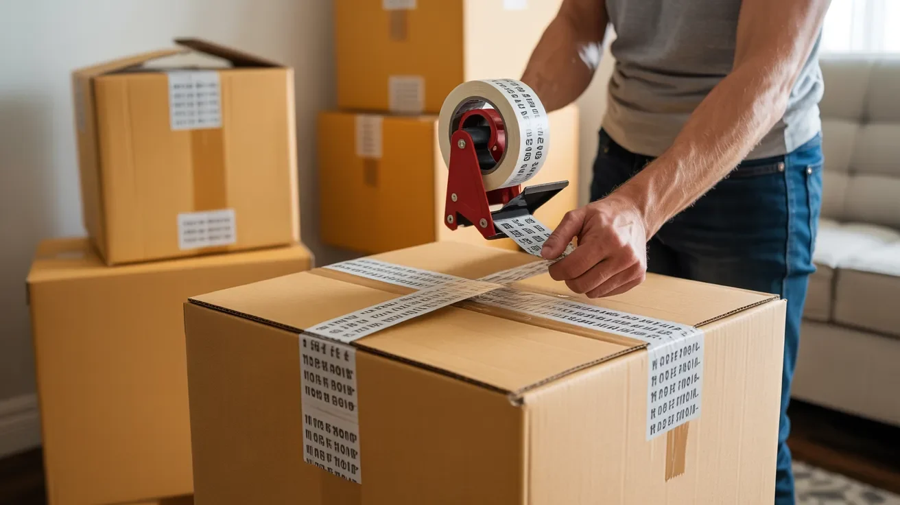 Person sealing a moving box with strong packing tape using proper method to prevent box failure during moving.