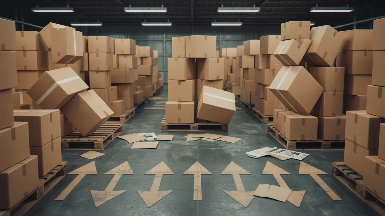 Disorganized shipping setup with misplaced boxes and broken flow arrows illustrating common mistakes in managing ARO timelines and order confirmation tracking.
