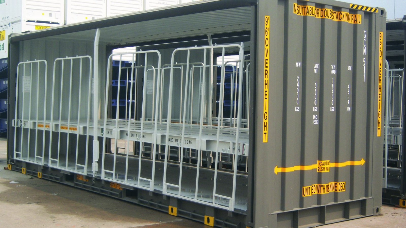 Gray 40ft high cube pallet-wide container with full side opening and internal cargo frames.