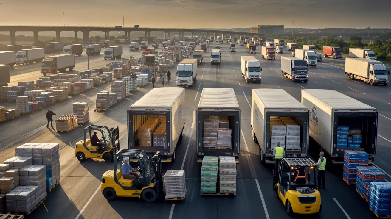 Freight trucks being loaded at warehouse, sorted at distribution hub, and transported on highways showing logistics network flow.