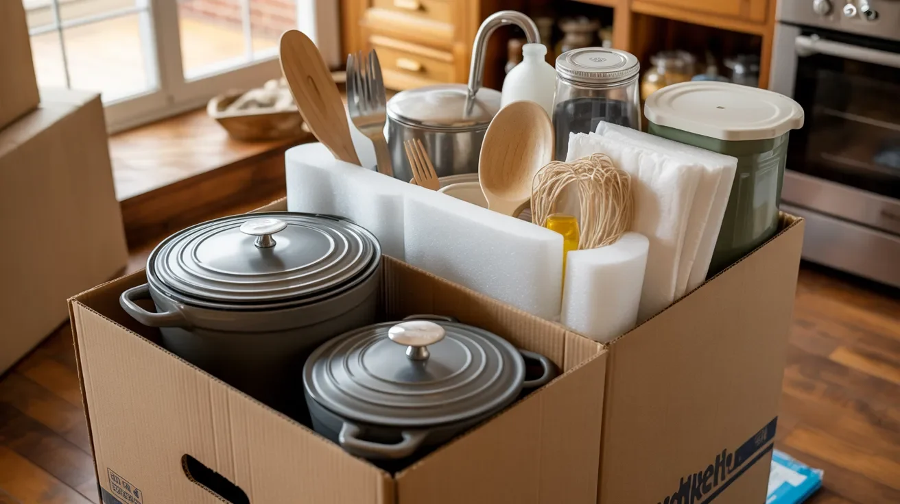 moving box filled with heavy pots at bottom and lighter cookware on top showing balanced packing technique.